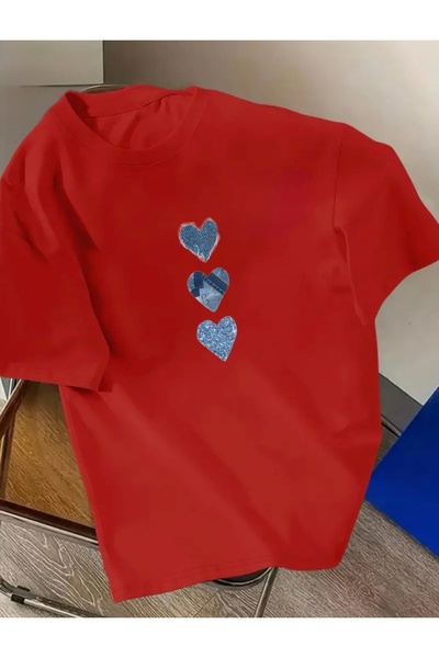 FUFLUNS Jeans Hearts Printed Oversized Crew Neck T-Shirt