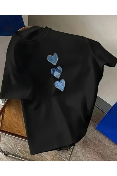 FUFLUNS Jeans Hearts Printed Oversized Crew Neck T-Shirt