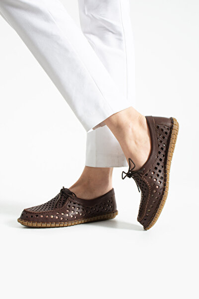 dabab shoes Virena Women's Bitter Brown Genuine Leather Mesh Lace-Up Flat Sol...