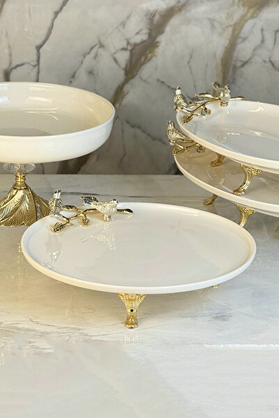 MAY HOME Çift Kuş Detaylı Ayaklı Porselen Sunumluk Tabak