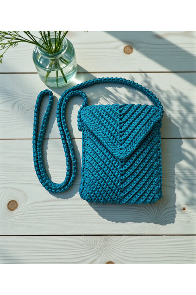 ŞİRİN İŞLER SHOP Envelope Knitted Bag Blue Turquoise / Hand Knitted Bag / Han...