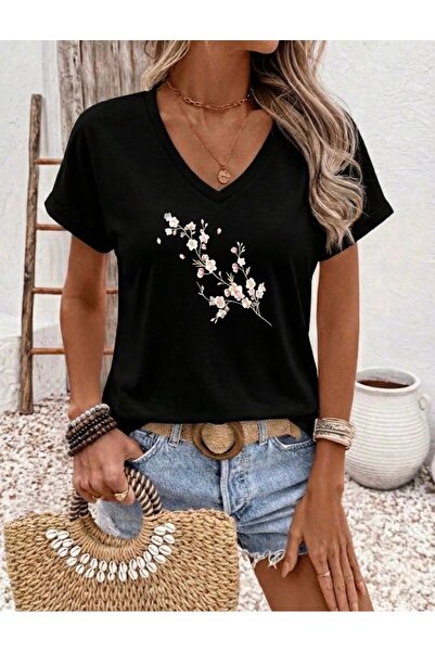 FUFLUNS تي شيرت نسائي كبير الحجم بياقة على شكل حرف V مطبوع عليه زهور دالي