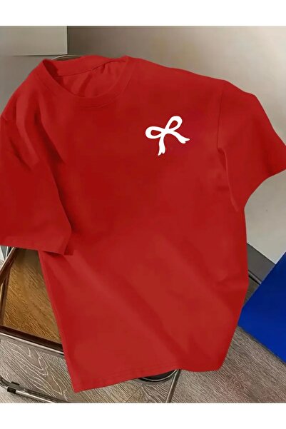 FUFLUNS Ribbon Printed Oversize Crew Neck T-Shirt