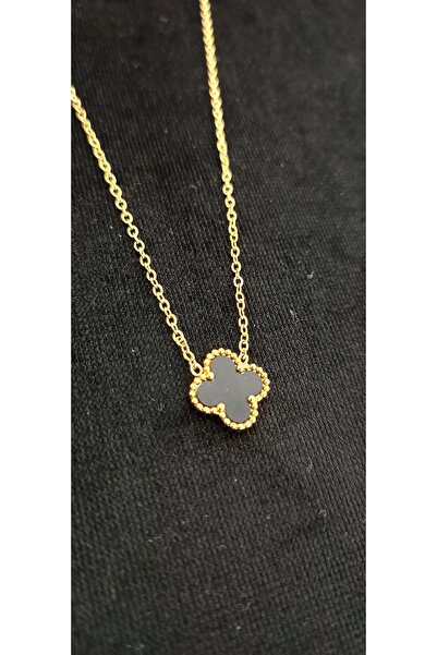 Shae Jewelry Tekli Siyah Renk Yonca Model Kolye Paslanmaz Çelik Büyük Boy