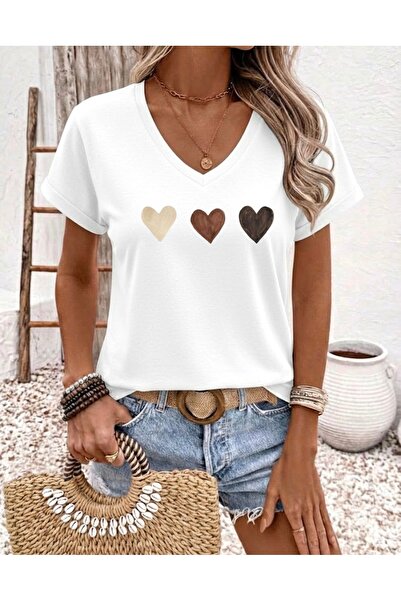 FUFLUNS Side by Side Hearts Printed Women's V-Neck Oversized T-Shirt