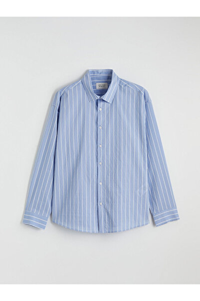 LC Waikiki Mavi Regular Fit Çizgili Poplin Erkek Gömlek