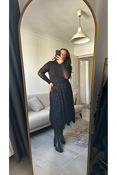 bestie co Kadın Siyah Kabartma Kadife Desenli Astarlı Asimetrik Kesim Beli La...