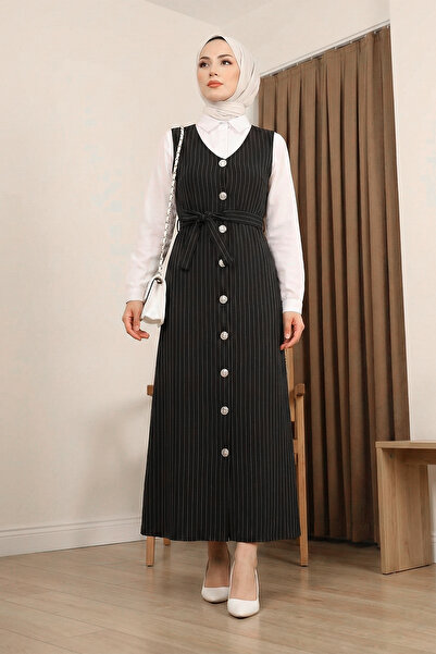 MODAQU Belted Striped Buttoned Gilet - Black