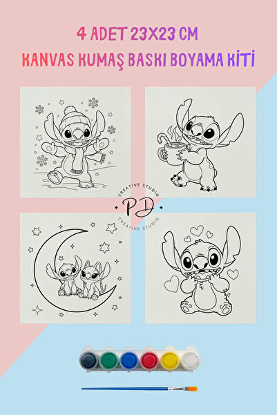 PRİNTOPİA DESİGN Stitch Temalı 4'lü Kanvas Kumaş Baskı Boyama Kiti - 23x23 cm...