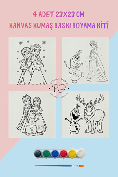 PRİNTOPİA DESİGN Elsa Frozen Temalı 4'lü Kanvas Kumaş Boyama Kiti - 23x23 cm ...