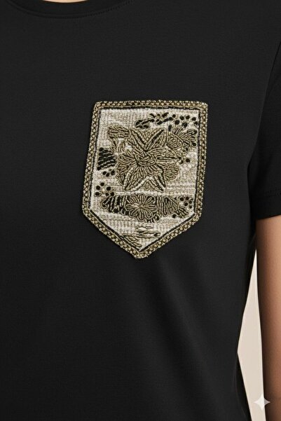 SİSTERS2HC Women's Stone Embroidered Pocket Basic Round Neck Vi Viscose İyah T-Shirt