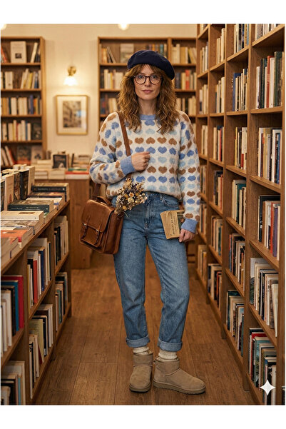 Namaste Vintage Heart-Patterned Crew Neck Knitwear Sweater