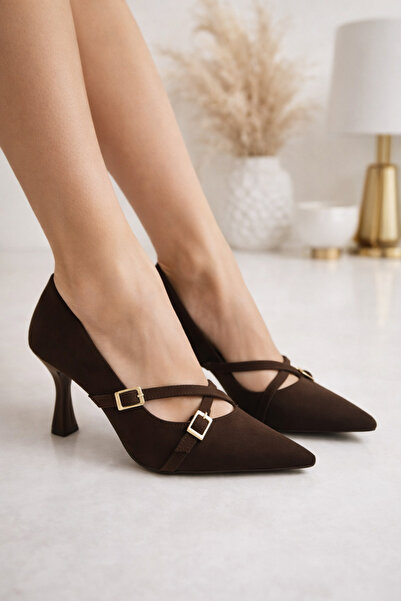 Firibu Çift Tokalı Süet Sivri Burun Kadeh Topuk Stiletto