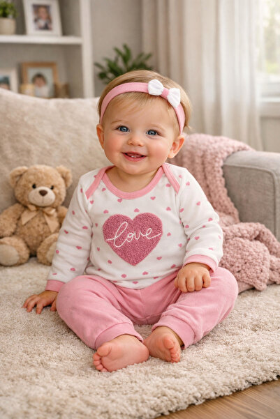 Atlas Baby House طقم مكون من 3 قطع مطرزة بقلب وردي اللون للفتيات الصغيرات - ب...