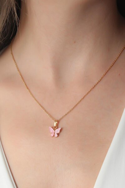 Inure Jewelry Gold Pink Color Butterfly Figure Women's Necklace