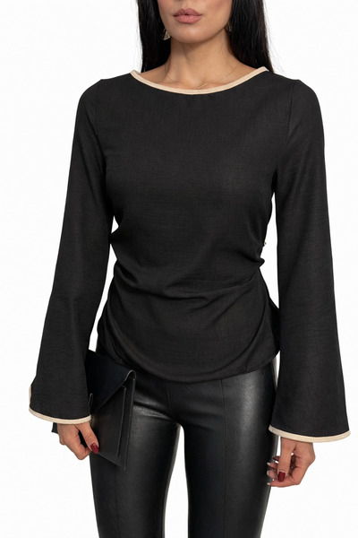 Cuyka Women's Linen Fabric Long Sleeve Tie-Back Blouse