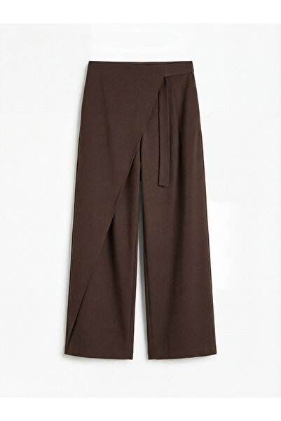 LC Waikiki Καφέ γυναικείο παντελόνι με φαρδύ πόδι με ζώνη στη μέση