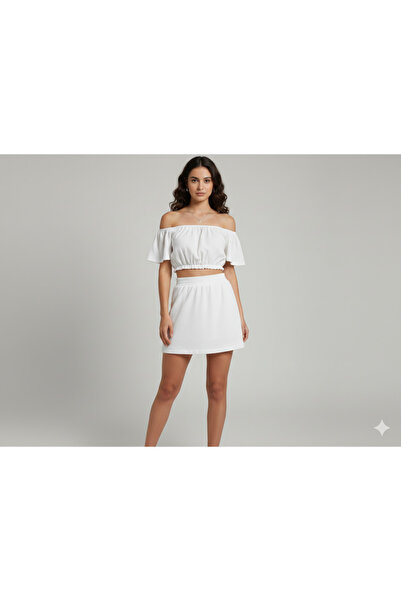 Butik Düşük omuz kısa kol crop mini etek beyaz takım