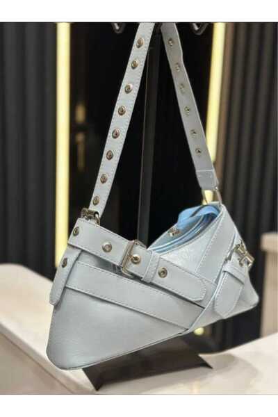 ÖZÜM TAKI Women's Suede Belt Detail Shoulder Bag Baby Blue