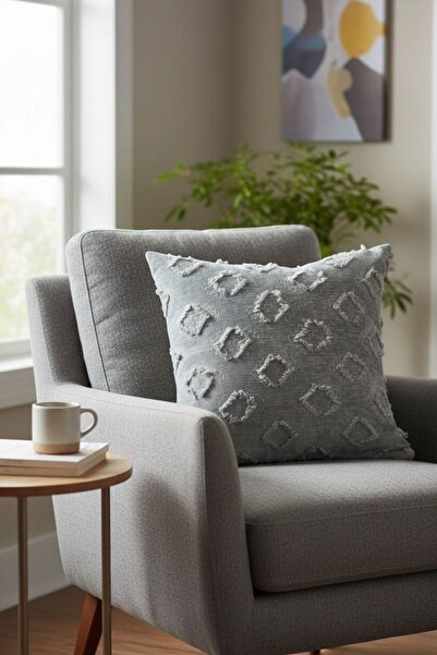 ŞENER HOME Bearded Pompom Chenille Double-Sided Cushion Cover Gray