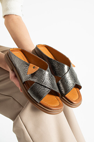 dabab shoes Narel Women's Genuine Leather Flat Sole Cross Strap Slippers Sandals