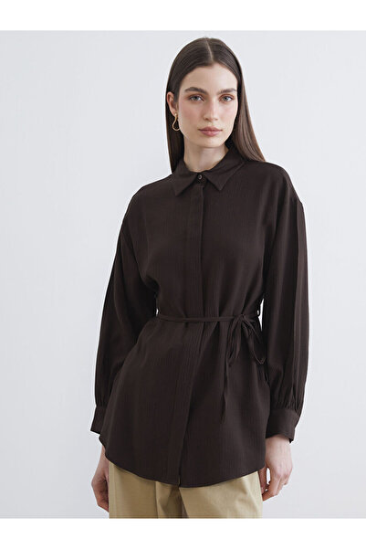 LC Waikiki Mg trenden brown belted textured women's shirt tunic