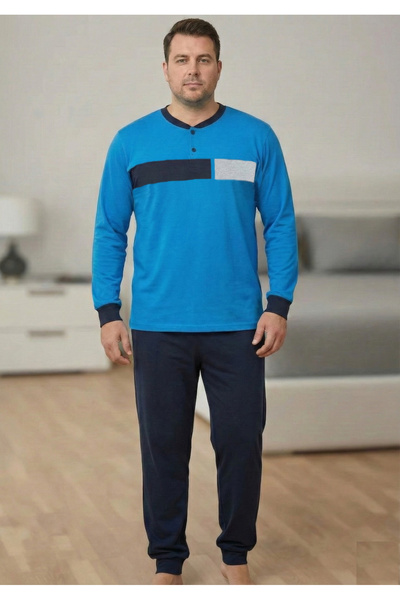 embody Men's cotton long pyjamas, plus size, blue