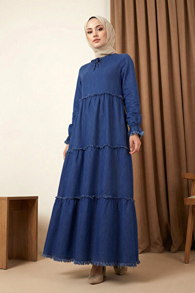 MODAQU Washable Denim Dress with Lace-Up Collar - Blue