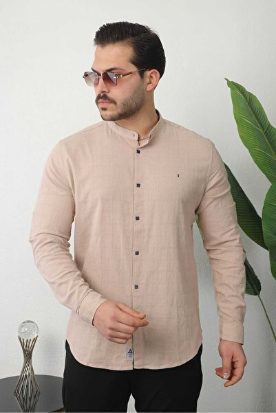Newelli Slim Fit Erkek Uzun Kollu Hakim Yaka Keten Gömlek