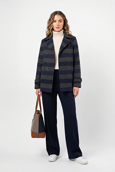 Soydan Güner Kadın Premium Kumaş Ekose Kısa Kruvaze Kaban Lacivert 1462