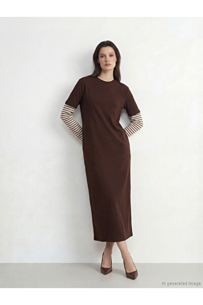 LC Waikiki Brown Crew Neck Striped Sweat Dress from Giyçık Store