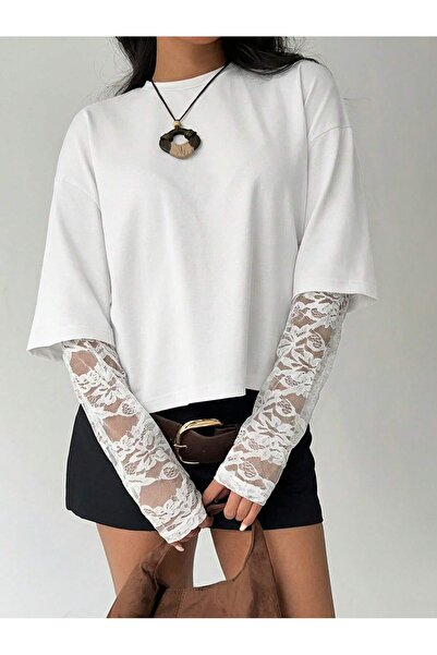 poswicon White Oversized T-Shirt Lace Sleeve Round Neck Top