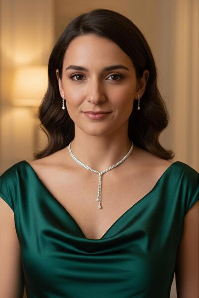 Valmont Çift Sıra Taşlı Su Yolu Kolye ve Küpe Takı Seti - Düğün, Kına, Nişan,...