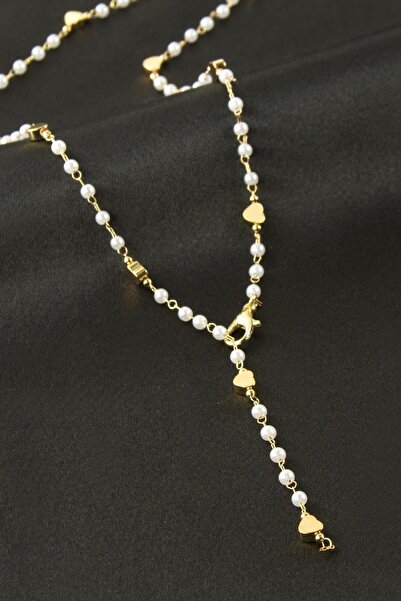 TakÇalıştır Heart Pearl Y Necklace with Zircon Stone Pendant Stylish Design