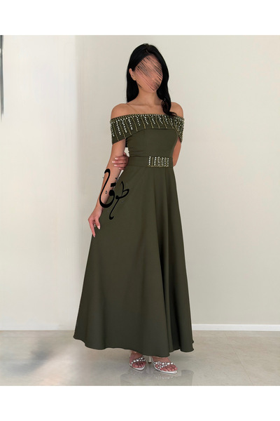 toog Olive green off-the-shoulder evening dress with pearl details