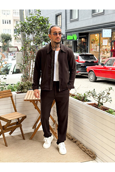 manch collection Knitted Transitional Jacket Pants Set Brown