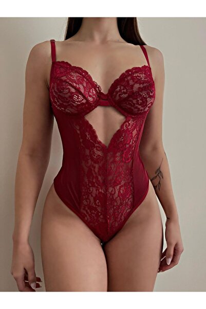 Genel Markalar Bordo Dantelli Balenli Kapsız Transparan Çıtçıtlı Bodysuit