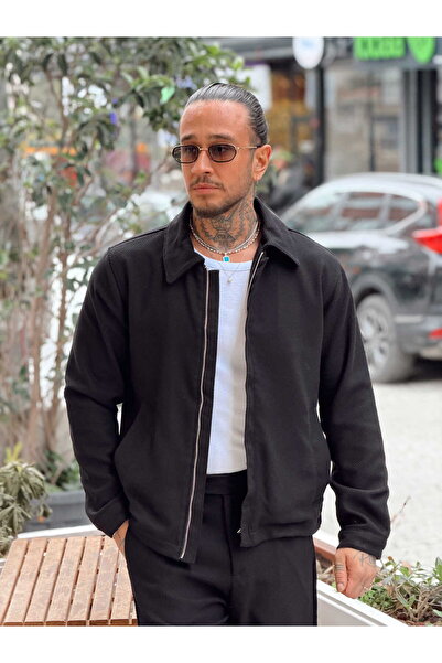 manch collection Knitted Transitional Jacket Pants Set Black