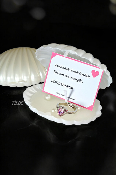 Tilde Sevgiliye Özel Hediye Seti | Ciddi İlişki Yüzüğü (Pembe Kalp Taşlı, Aya...