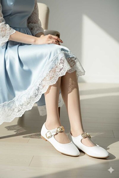 Victoria Kadın Beyaz Taşlı Tokalı Babet Ayakkabı | Şık Rahat Günlük Babet | E...