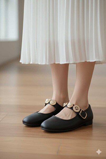 Victoria Kadın Siyah Tokalı Taş Detaylı Babet Ayakkabı | Şık Rahat Günlük Kad...