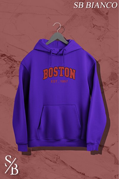 SB BİANCO سويت شيرت بوسطن فارسيتي تايبوغرافي للجنسين قصة فضفاضة بغطاء رأس