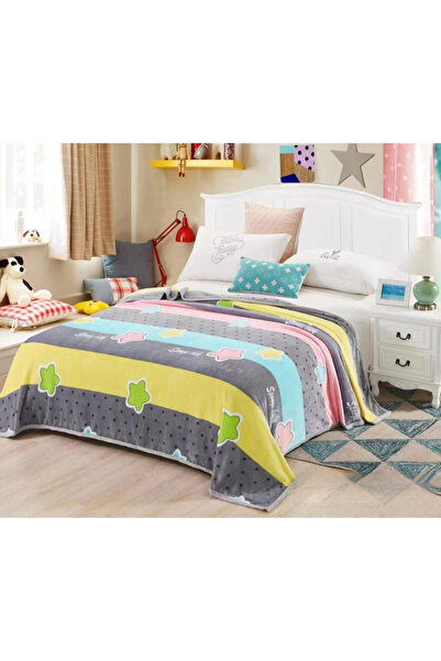 FIONNA.RO Cocolino Thin Blanket 200x230cm - Gray With Stripes And Colorful Stars