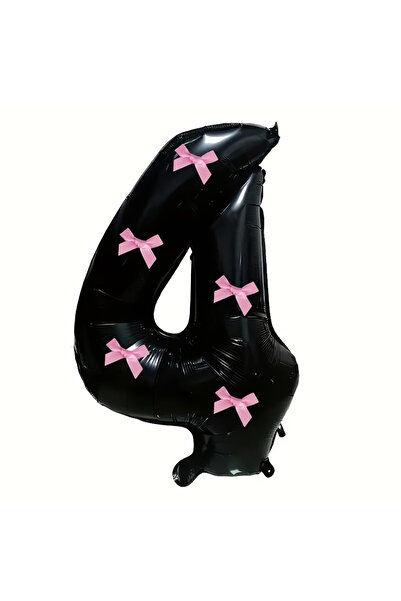 PartyPoo بالون فويل أسود اللون على شكل رقم 1 مقاس 76 سم مع فيونكة وردية - ديك...