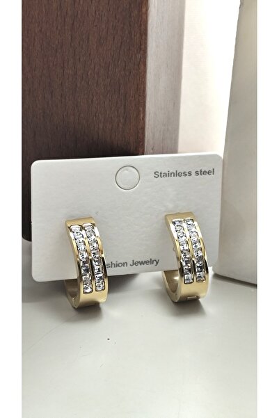 DİAVENTA TAKI VE AKSESUAR 316L Original Steel-Zircon Stone Hoop Model Gold St...