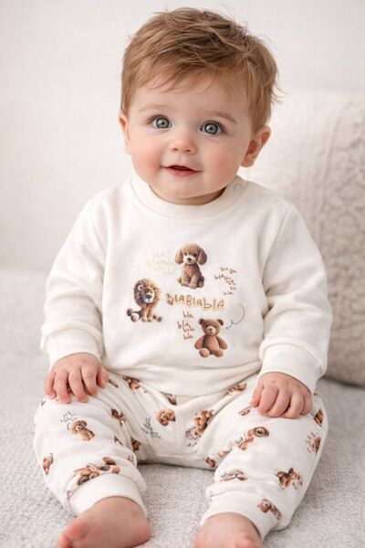 My Babies Label Baby Boy 2-Piece Teddy Bear Patterned Top and Bottom Set Cott...