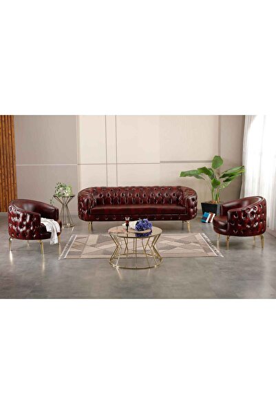 KIEZ Bordo Deri Gold Ayaklı Ofis Koltuk Takımı Makam Koltuk Takımı Dekoratif ...