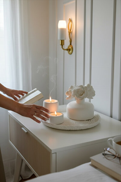 LALEZEN HOME Dantel Motif Tepsi iki mumluk çiçekli vazo