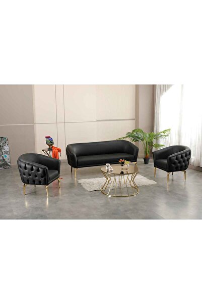 KIEZ Siyah Deri Gold Ayaklı Ofis Koltuk Takımı Makam Koltuk Takımı Dekoratif ...