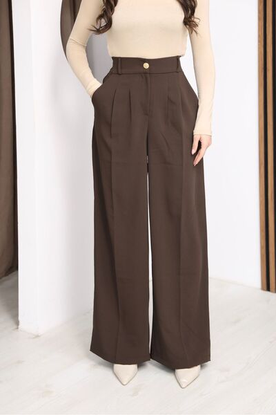 Moda Banuş Women's Gold Buttoned Casual Pleated Palazzo Latina Trousers